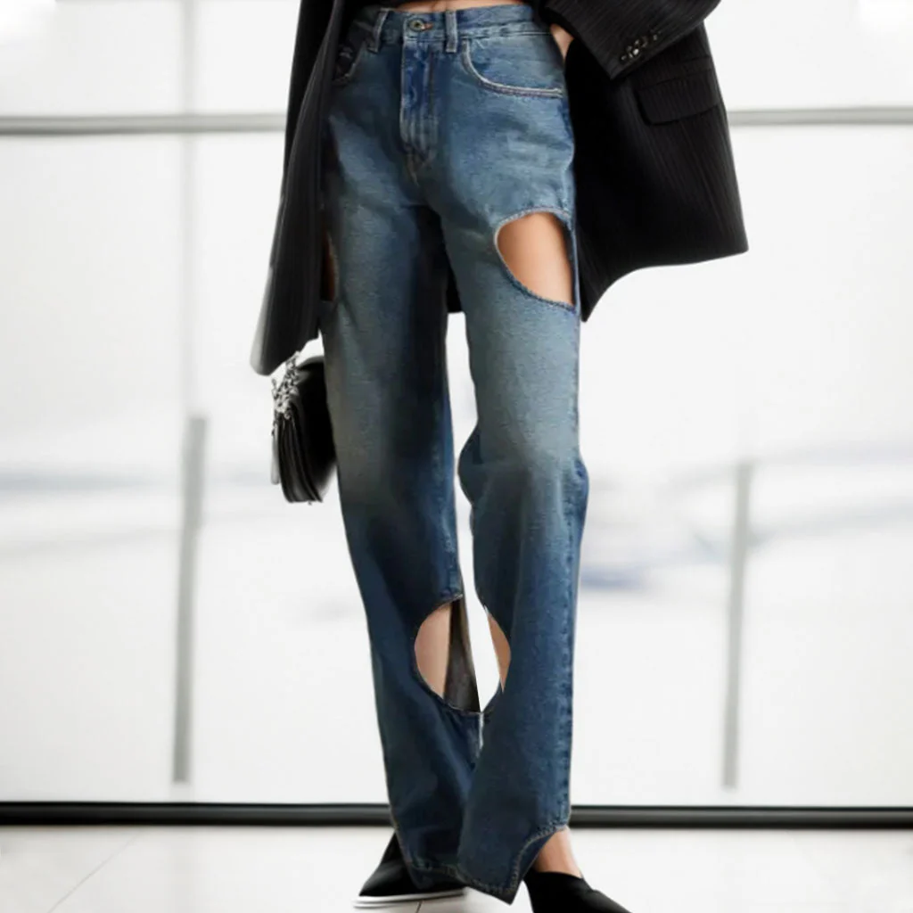 Asymmetric Cut Out Whisker High Waist Straight Leg Washed Denim Jeans - Image 4