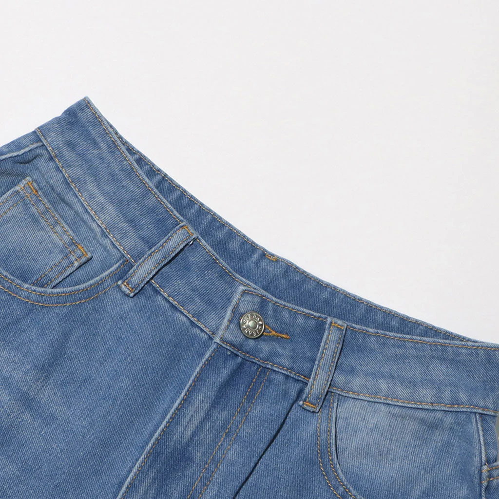 Asymmetric Cut Out Whisker High Waist Straight Leg Washed Denim Jeans - Image 5