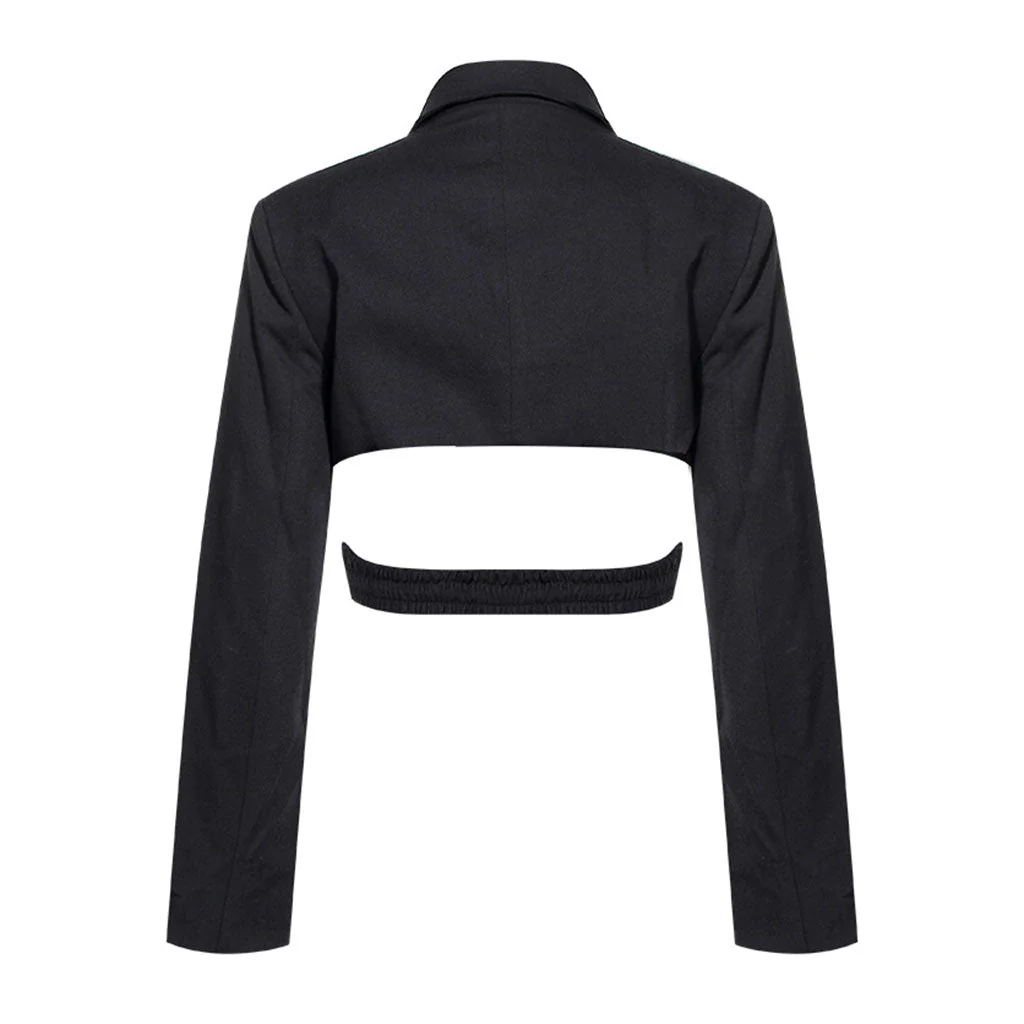 Asymmetric CutOut Peak Lapel Long Sleeve Crossover Belted Tailored Blazer - Image 2
