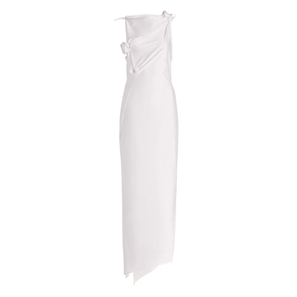Asymmetric CutOut Rose Appliqué Side Slit High Neck Sleeveless Maxi Dress - Image 3