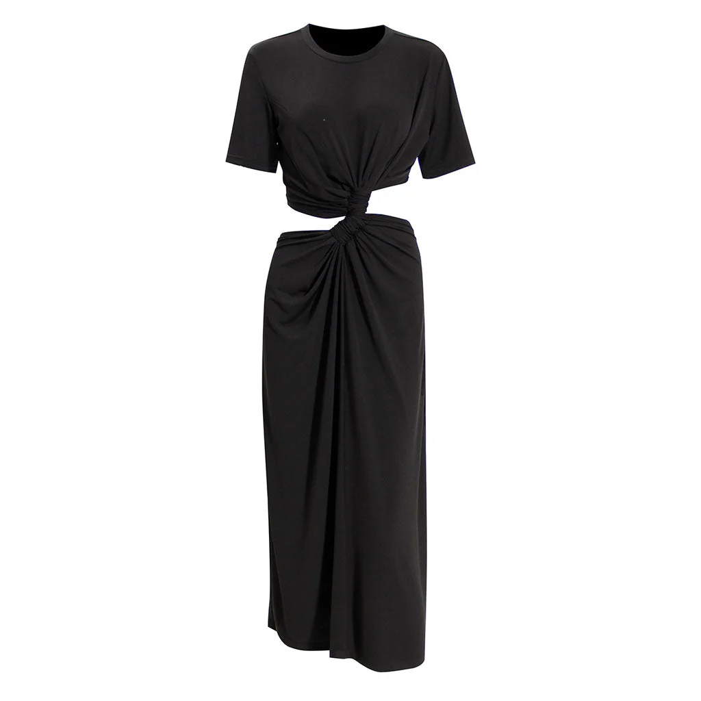 Asymmetric CutOut Ruched Twisted Front Round Neck Short Sleeve Midi Dress - Image 3