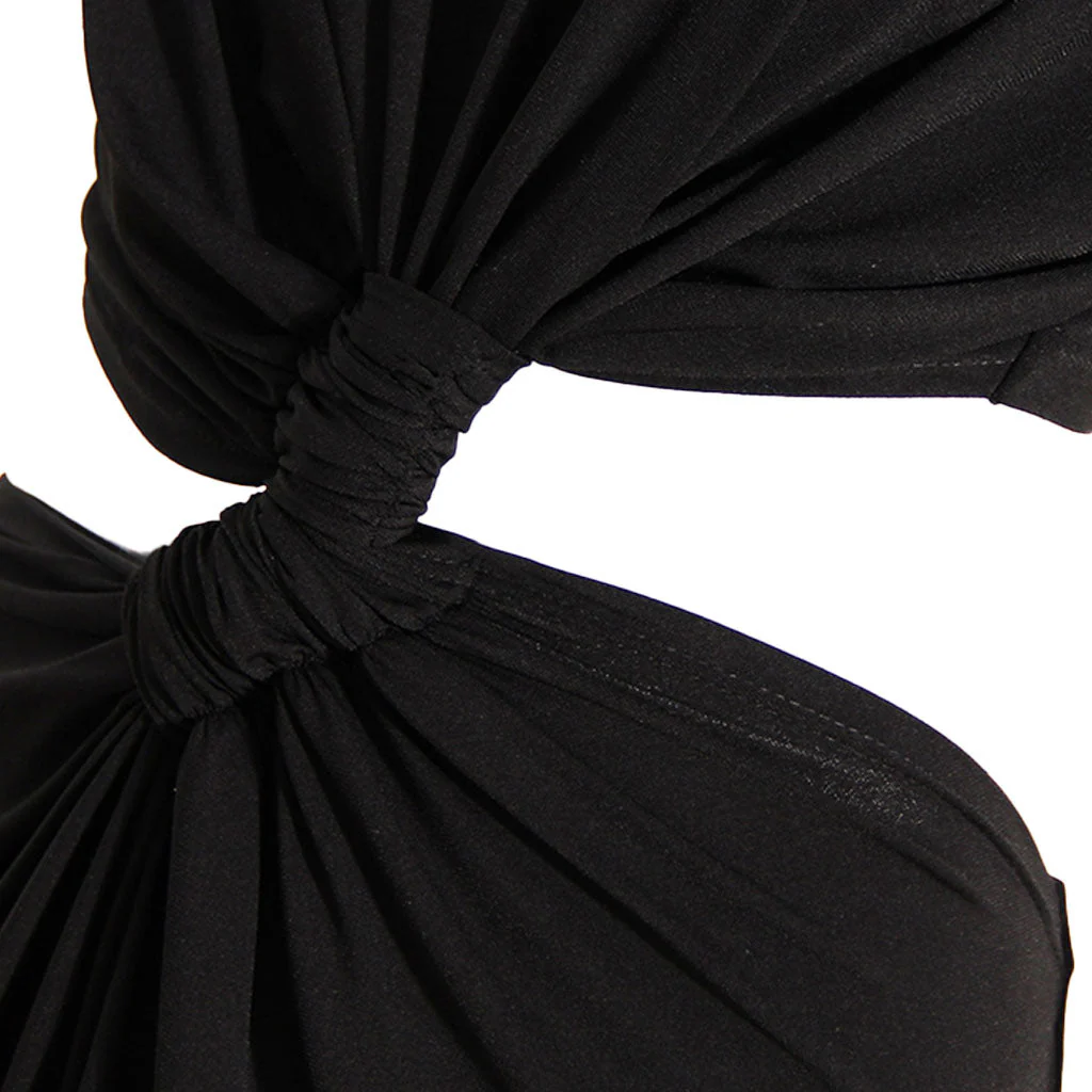Asymmetric CutOut Ruched Twisted Front Round Neck Short Sleeve Midi Dress - Image 5