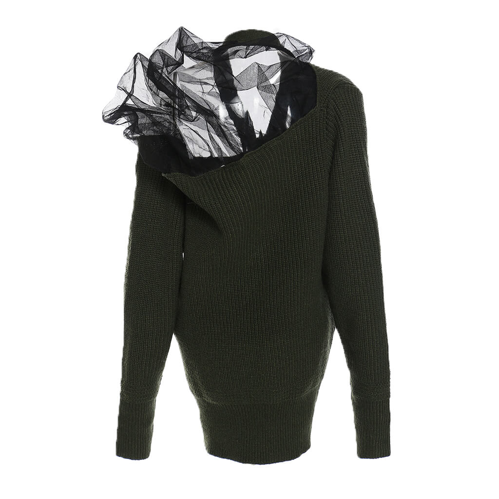 Asymmetric CutOut Tulle Panel V Neck Brioche Rib Knit Sweater - Image 2