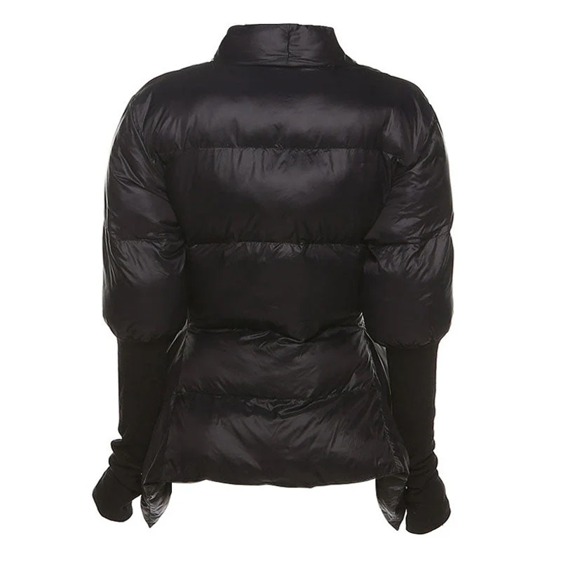 Asymmetric Deep V Shawl Collar Button Up Bishop Sleeve Puffer Jacket - Black - Image 4