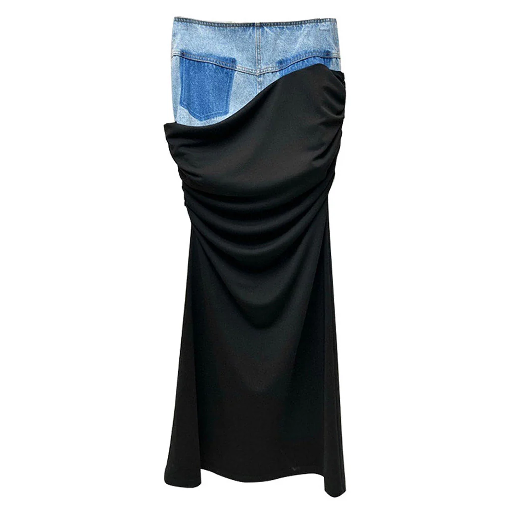 Asymmetric Denim Panel High Waist Draped Maxi Column Skirt - Image 2