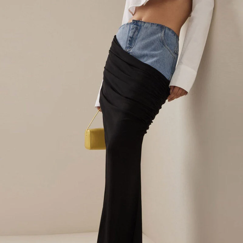 Asymmetric Denim Panel High Waist Draped Maxi Column Skirt - Image 3