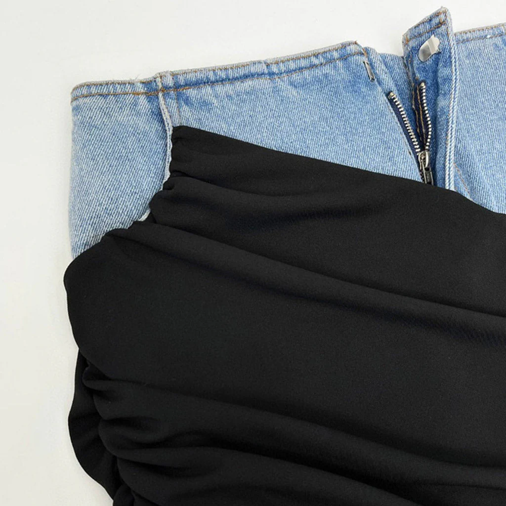 Asymmetric Denim Panel High Waist Draped Maxi Column Skirt - Image 4