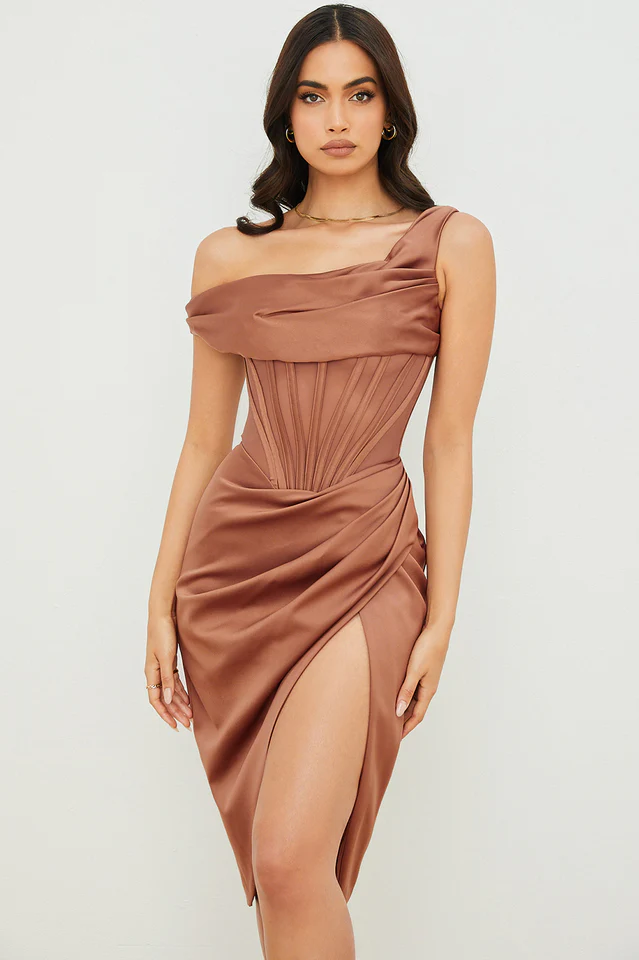 Asymmetric Drape Midi Corset Dress - Image 17