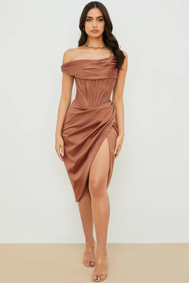 Asymmetric Drape Midi Corset Dress - Image 20