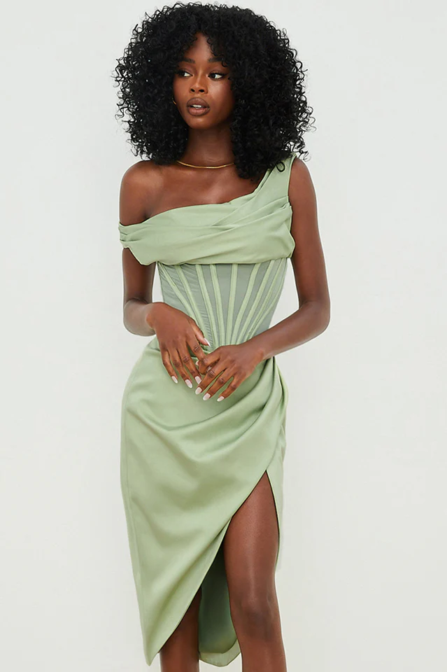 Asymmetric Drape Midi Corset Dress - Image 25