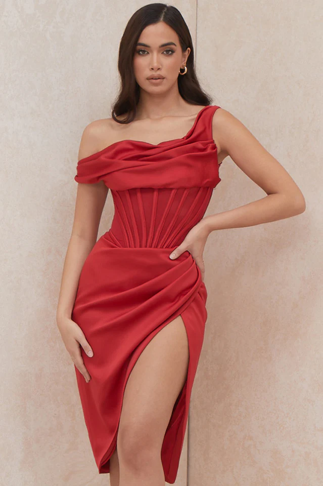 Asymmetric Drape Midi Corset Dress - Image 4