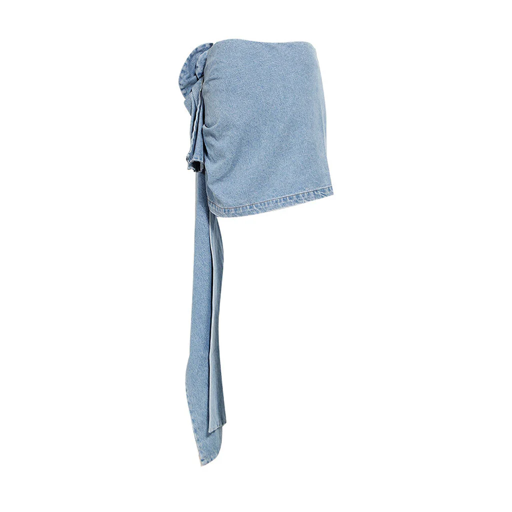 Asymmetric Draped Floral Corsage High Waist Denim Mini Skirt - Image 6