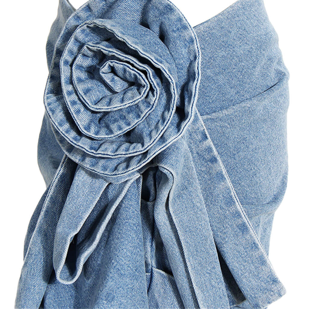 Asymmetric Draped Floral Corsage High Waist Denim Mini Skirt - Image 7