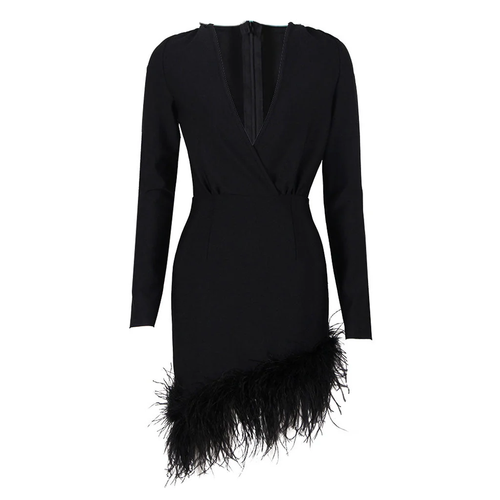 Asymmetric Faux Feather Trim Plunging Long Sleeve Mini Bandage Dress - Black - Image 3