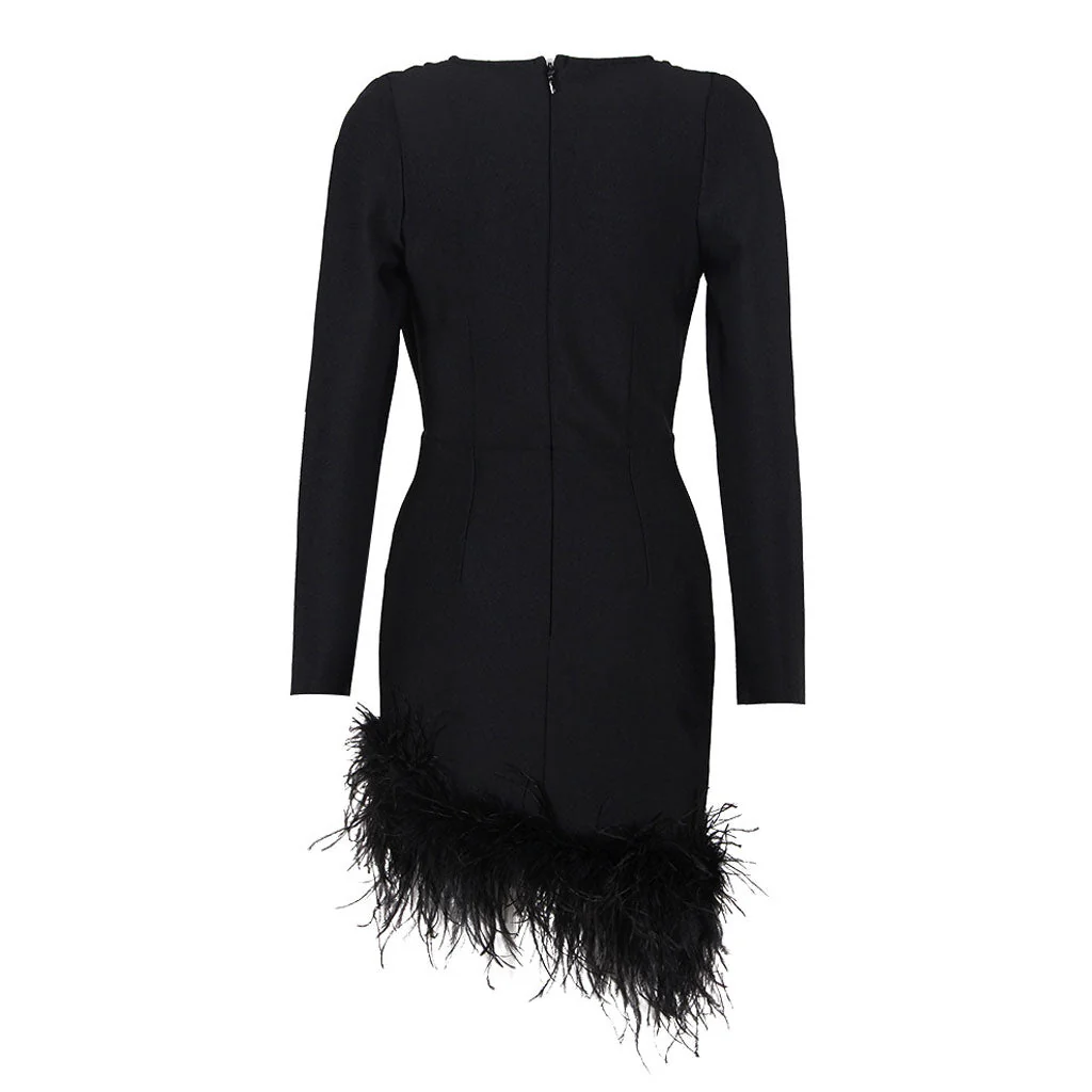 Asymmetric Faux Feather Trim Plunging Long Sleeve Mini Bandage Dress - Black - Image 4
