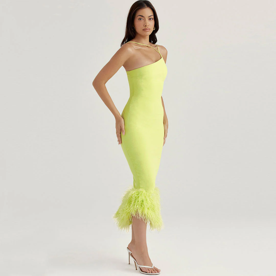 Asymmetric Feather Trim Sleeveless Bodycon Cocktail Midi Dress - Lime Green - Image 3