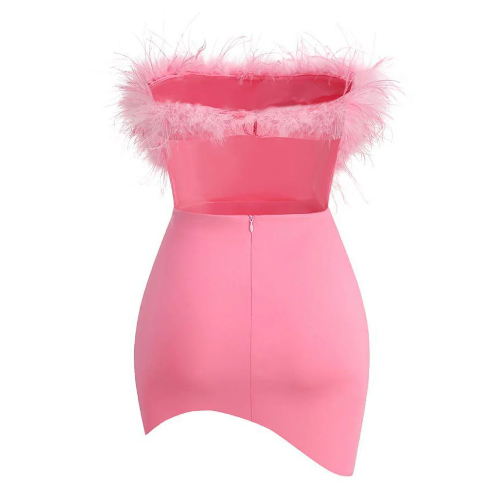 Asymmetric Feather Trim Strapless Backless CutOut Bodycon Mini Party Dress - Image 6