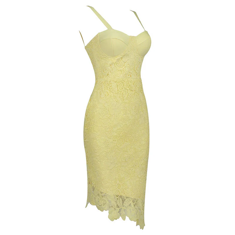Asymmetric Floral Lace Embroidered Bustier Bandage Party Dress - YelLow - Image 3