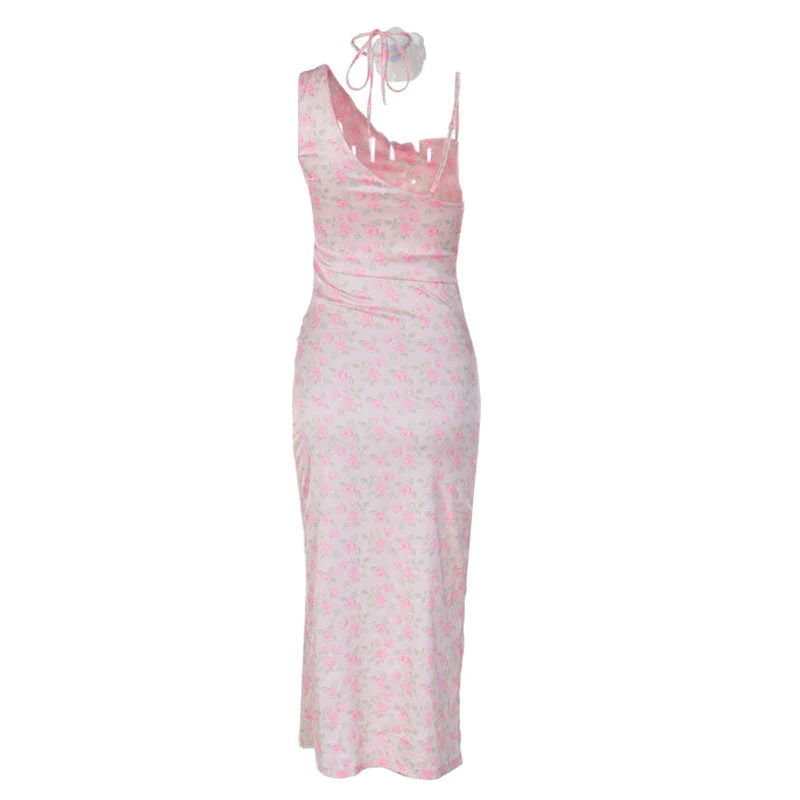 Asymmetric Flower Print Cowl Neck Sleeveless High Slit Midi Sundress - Pink - Image 4