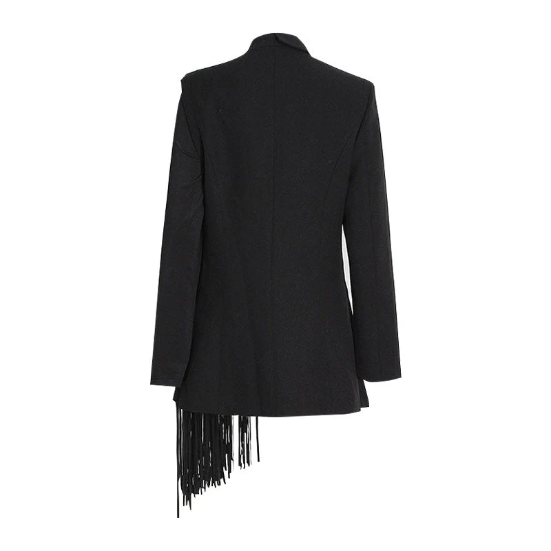 Asymmetric Fringe Paneled Sleeve Peak Lapel Single Breasted Long Blazer - Image 2