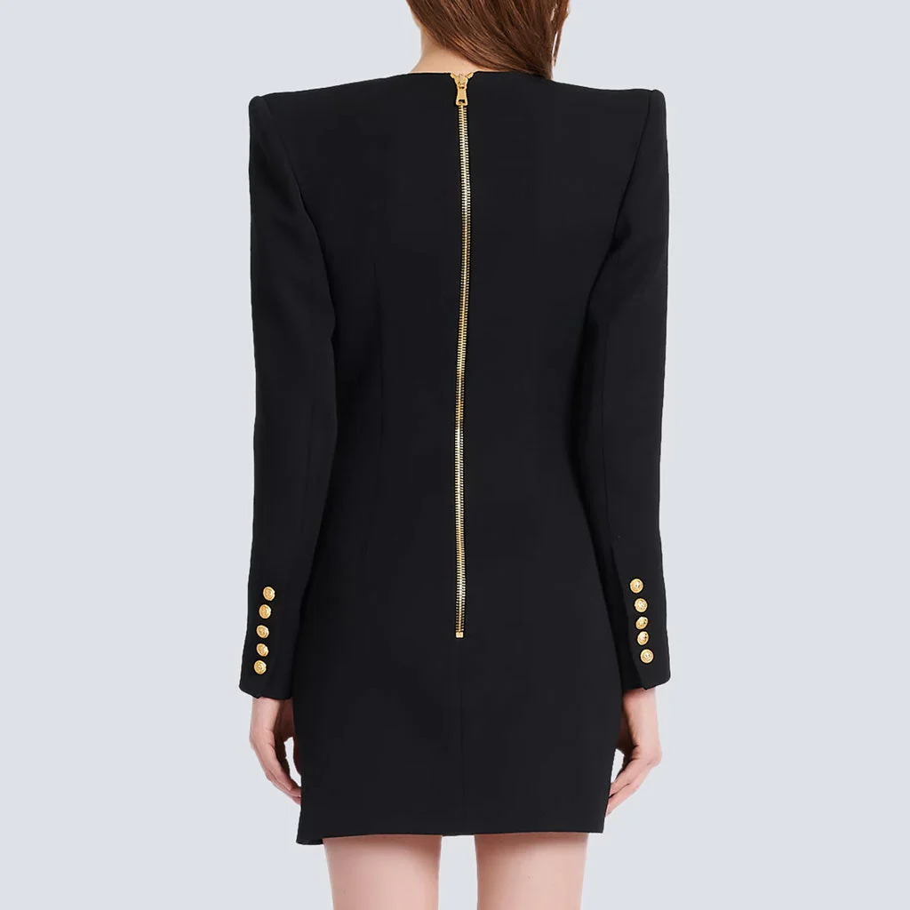 Asymmetric Gold Button Single Breasted V Neck Long Sleeve Tailored Blazer - Image 2