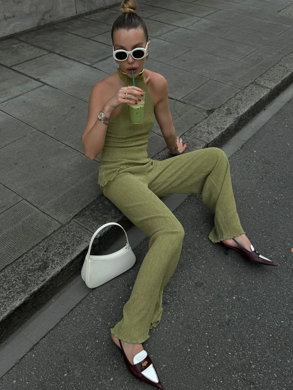Asymmetric Halter Crop Top Wide Leg Pants Set - Image 4