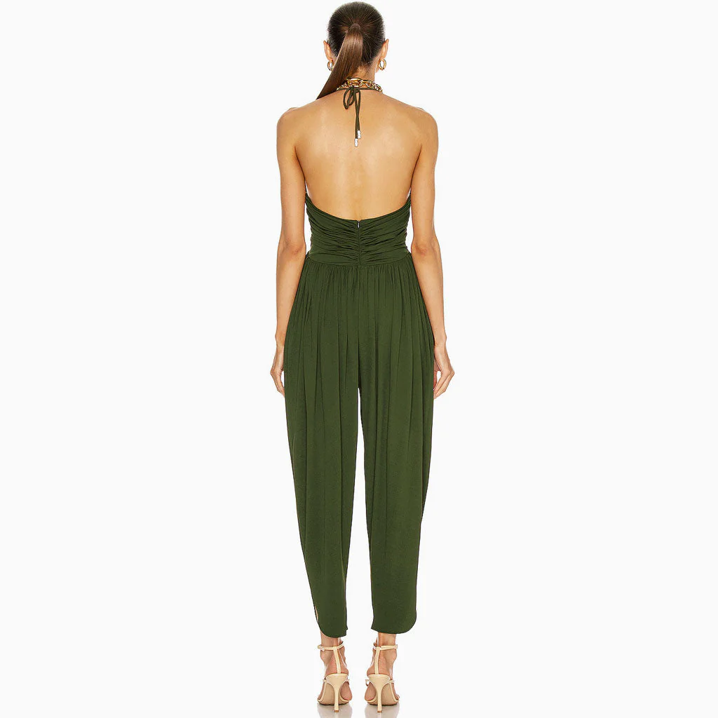Asymmetric Halter V Neck Ruched Backless Jumpsuit - Green - Image 3