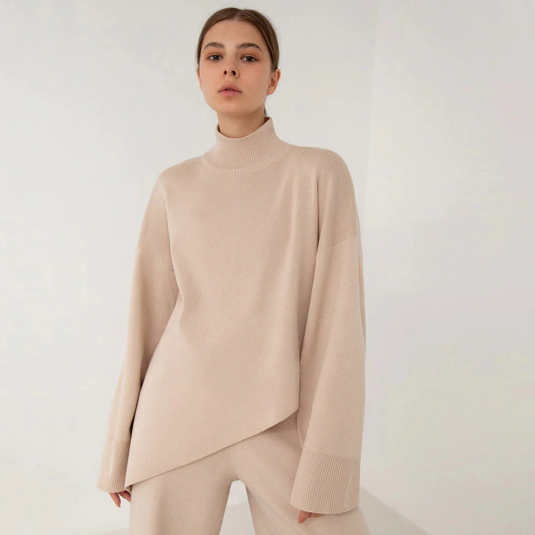 Asymmetric High Neck Bell Sleeve Sweater Wide Leg Pants Matching Set - Apricot - Image 3