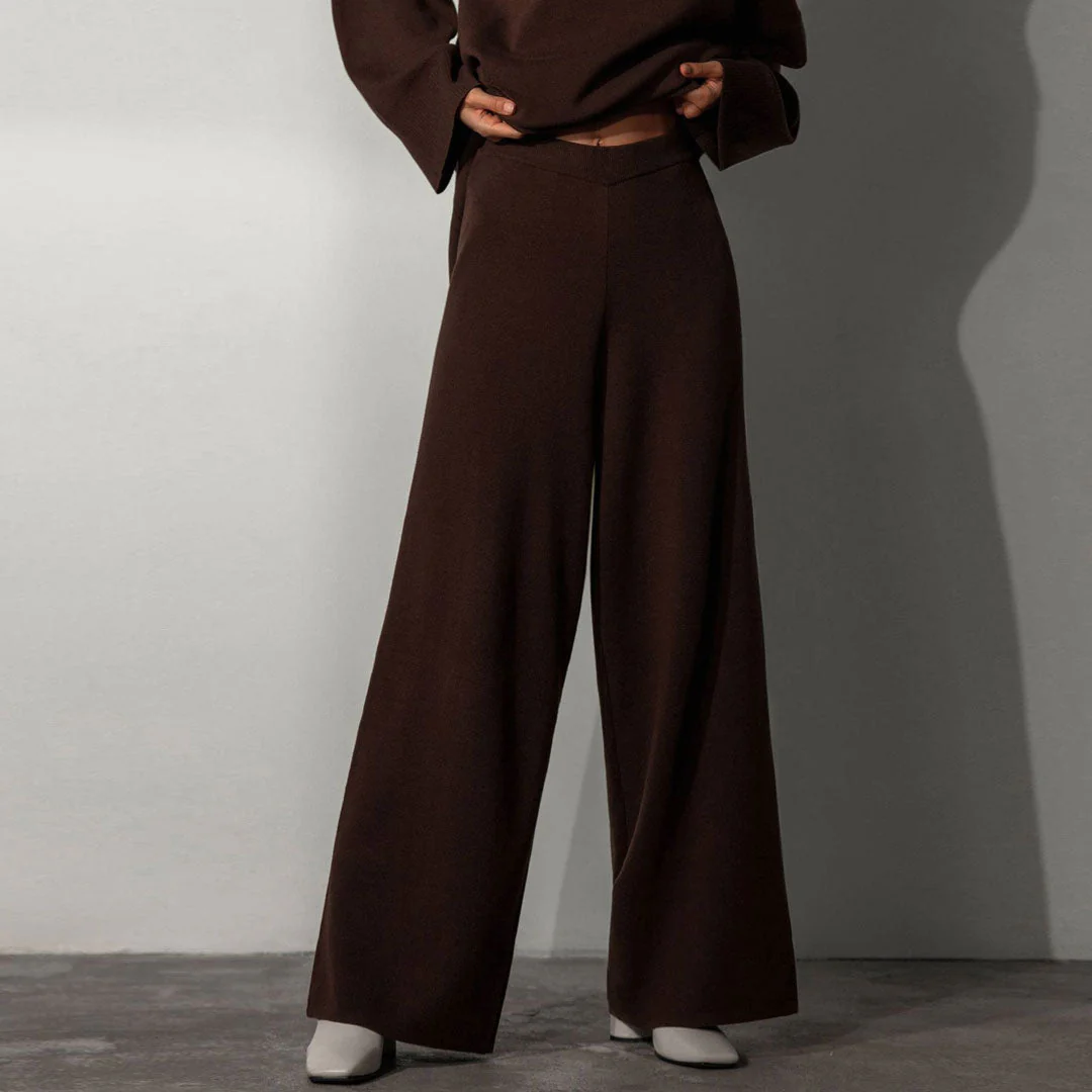 Asymmetric High Neck Bell Sleeve Sweater Wide Leg Pants Matching Set - Chestnut - Image 3