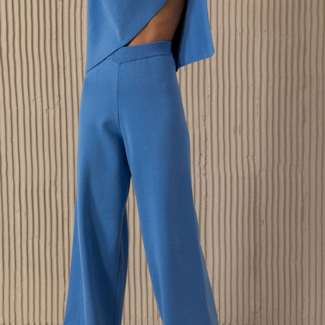 Asymmetric High Neck Bell Sleeve Sweater Wide Leg Pants Matching Set - Royal Blue - Image 3
