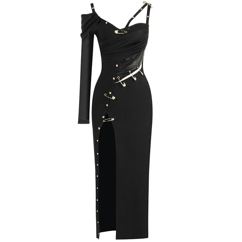 Asymmetric High Slit Pin Trim CutOut Drape Bandage Maxi Dress - Black - Image 2