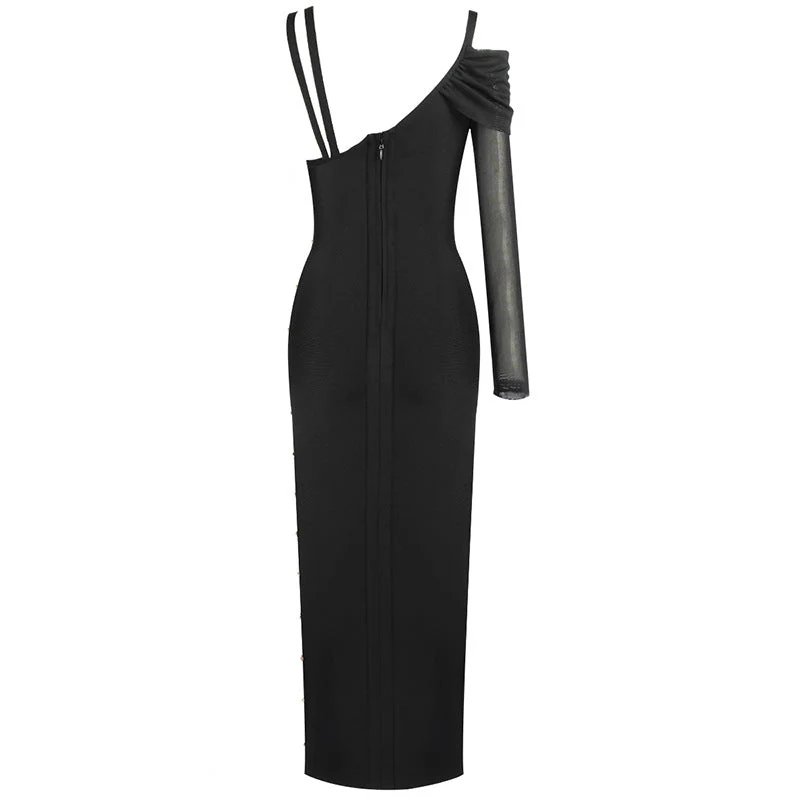 Asymmetric High Slit Pin Trim CutOut Drape Bandage Maxi Dress - Black - Image 4