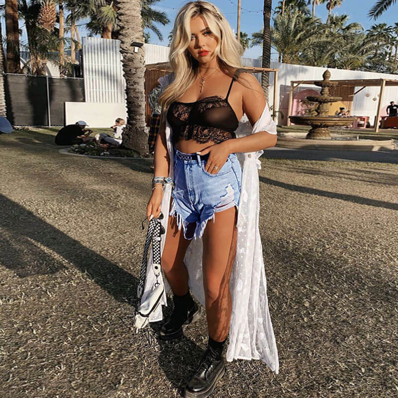 Asymmetric High Waist Cut Out Distressed Denim Shorts - Blue - Image 3