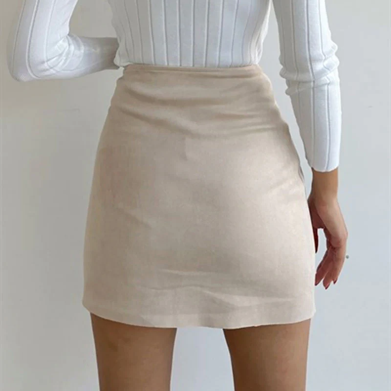 Asymmetric High Waist Scalloped Button Up Faux Suede Wrap Mini Skirt - Beige - Image 3