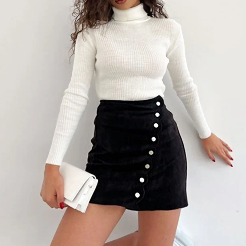 Asymmetric High Waist Scalloped Button Up Faux Suede Wrap Mini Skirt - Black - Image 2