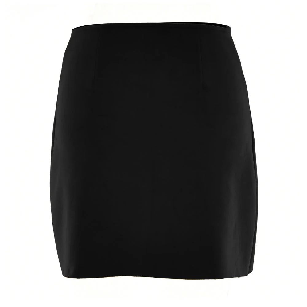 Asymmetric High Waist Scalloped Button Up Faux Suede Wrap Mini Skirt - Black - Image 4