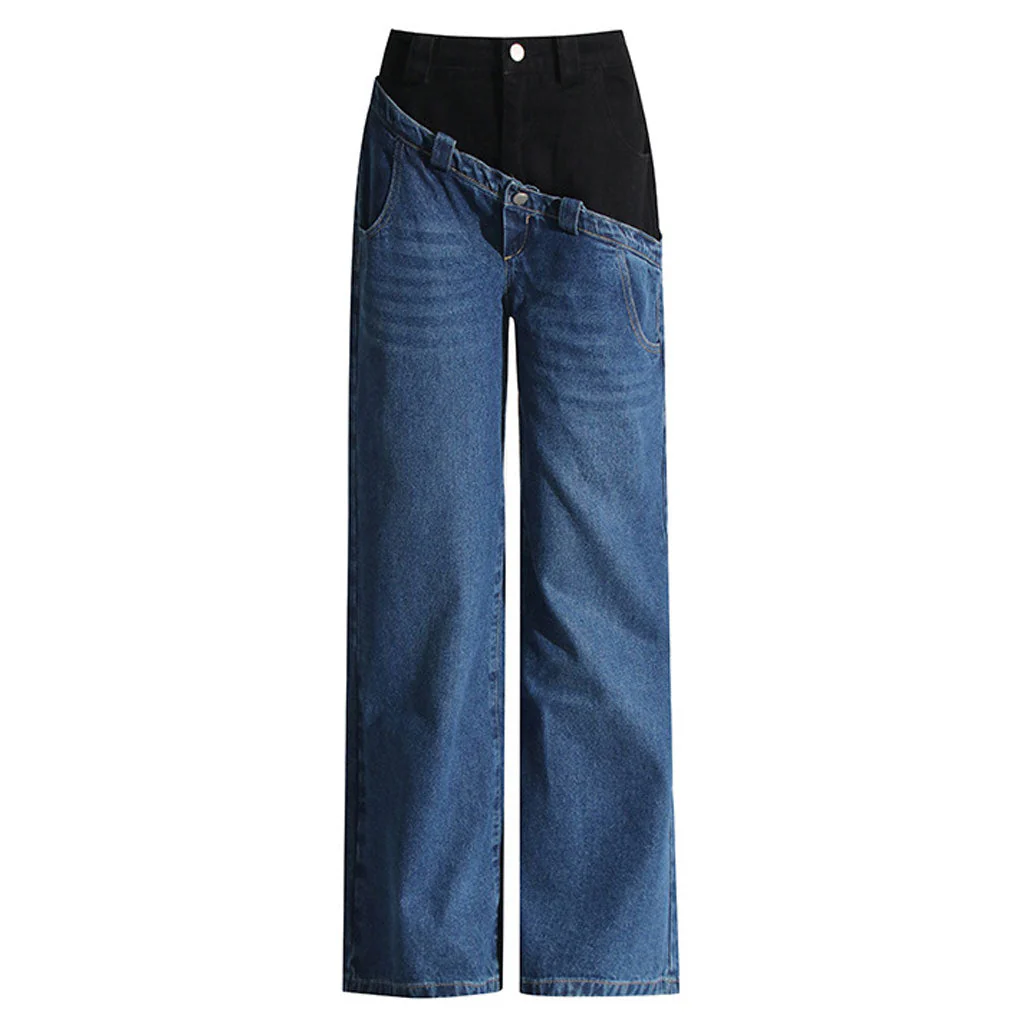 Asymmetric Hybrid Color Block Double Waist Whisker Detail Straight Leg Jeans - Image 3