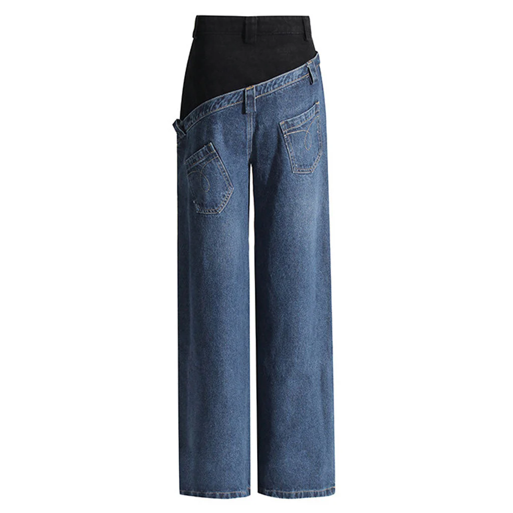 Asymmetric Hybrid Color Block Double Waist Whisker Detail Straight Leg Jeans - Image 5