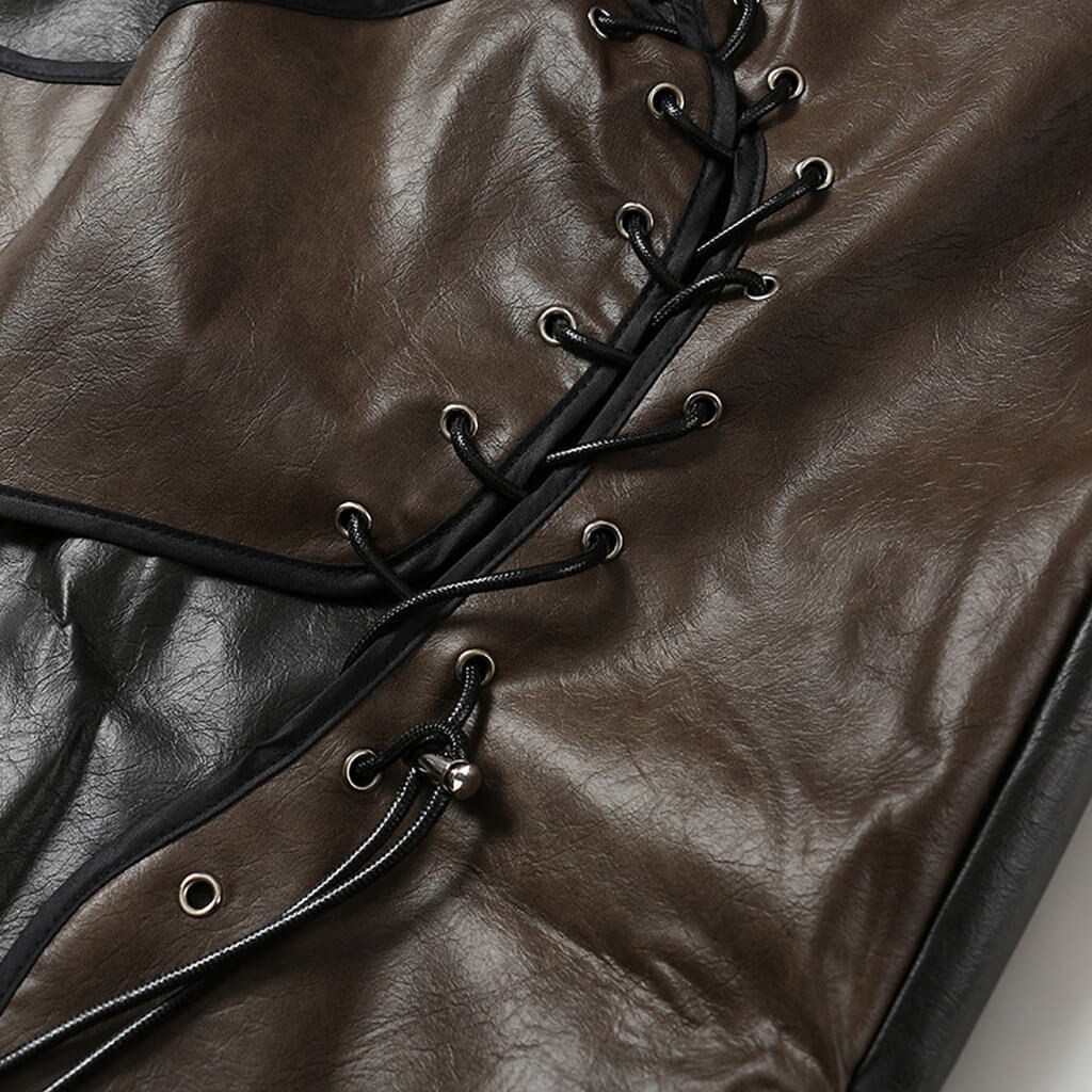 Asymmetric Lace Up Layered CutOut Belted Crinkle Vegan Leather Mini Skirt - Image 4