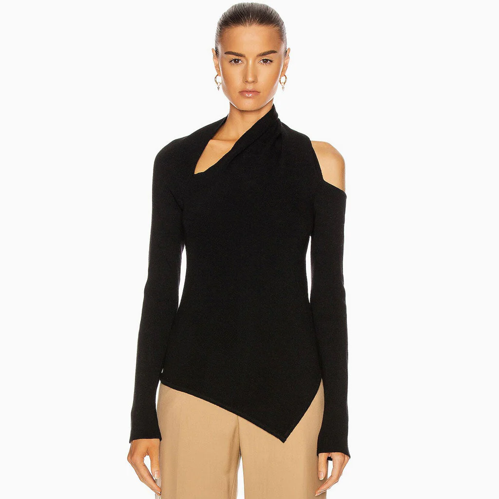 Asymmetric Long Sleeve CutOut French Knit Pullover Top - Black - Image 2