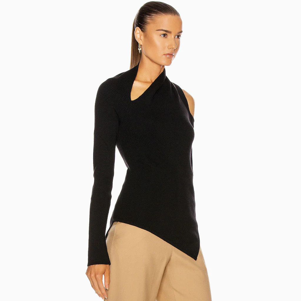 Asymmetric Long Sleeve CutOut French Knit Pullover Top - Black - Image 3
