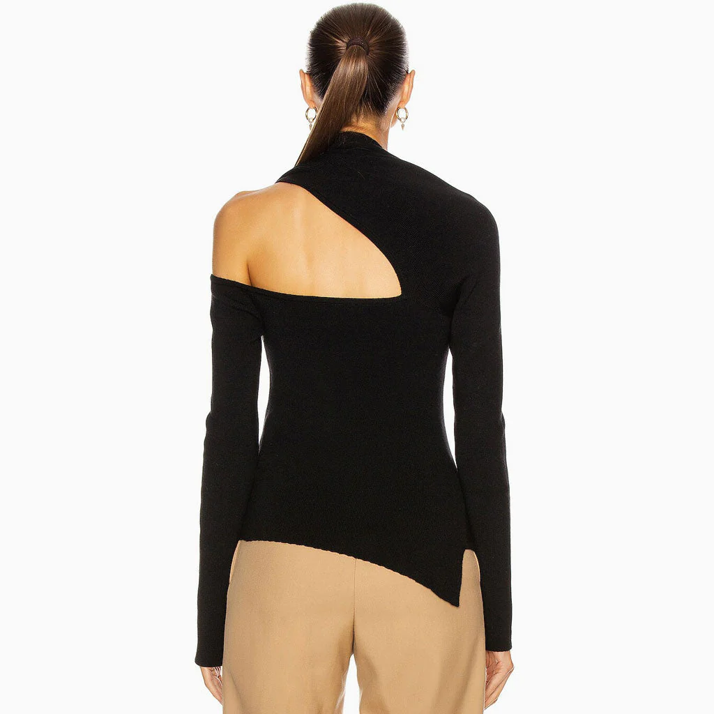 Asymmetric Long Sleeve CutOut French Knit Pullover Top - Black - Image 4