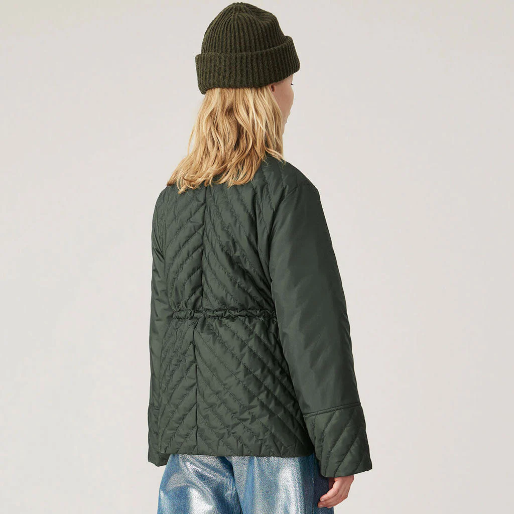 Asymmetric Long Sleeve Zip Front High Collar Quilted Coat - Green - Image 2