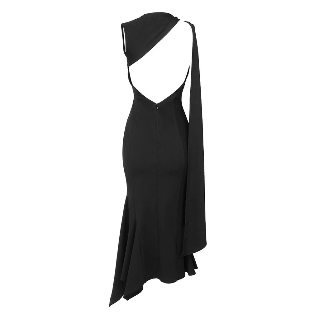Asymmetric Neck Split CutOut Draped Mermaid Hem Sleeveless Midi Dress - Image 2