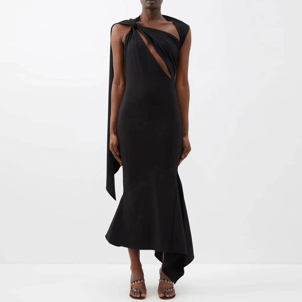Asymmetric Neck Split CutOut Draped Mermaid Hem Sleeveless Midi Dress - Image 3