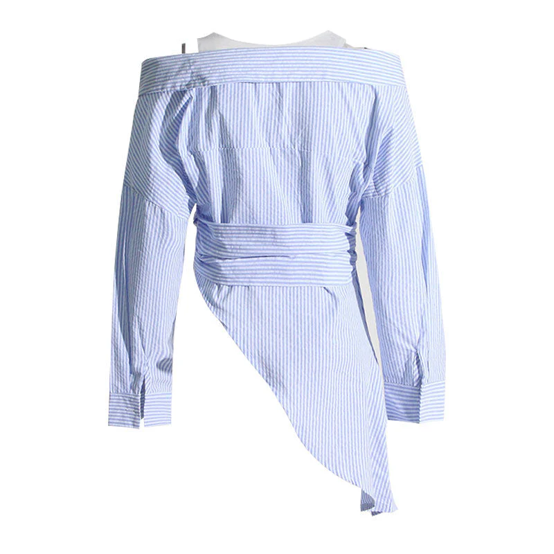 Asymmetric Off the Shoulder Mesh Panel Long Sleeve Ruched Collared Wrap Blouse - Image 3