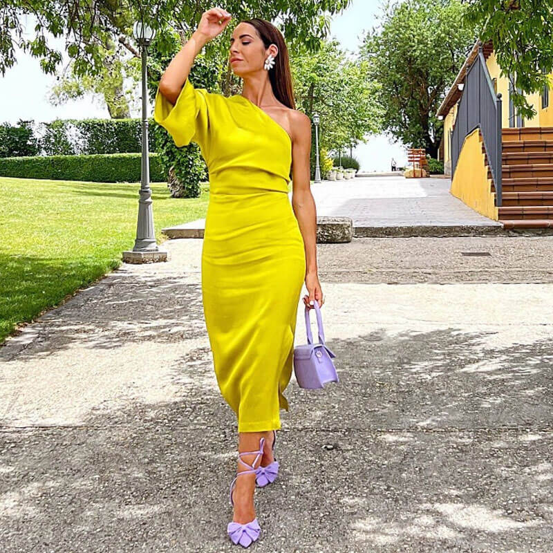 Asymmetric One Shoulder Bell Sleeve Split Midi Dress - Chartreuse YelLow - Image 3