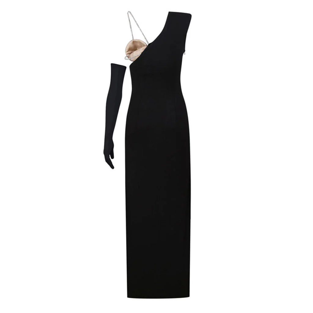 Asymmetric One Shoulder Crystal Bra Sleeveless High Slit Midi Bandage Dress - Image 2