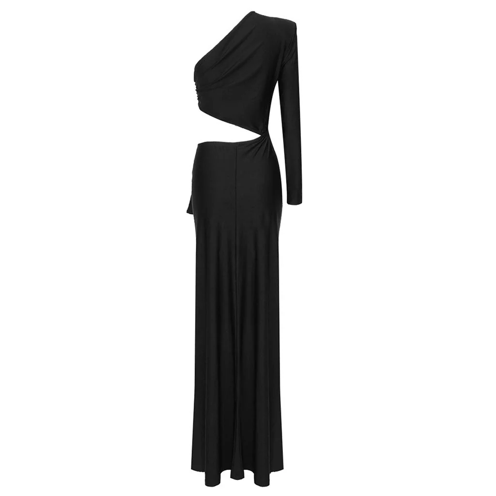 Asymmetric One Shoulder CutOut Draping Bow Ruched High Slit Maxi Dress - Black - Image 5