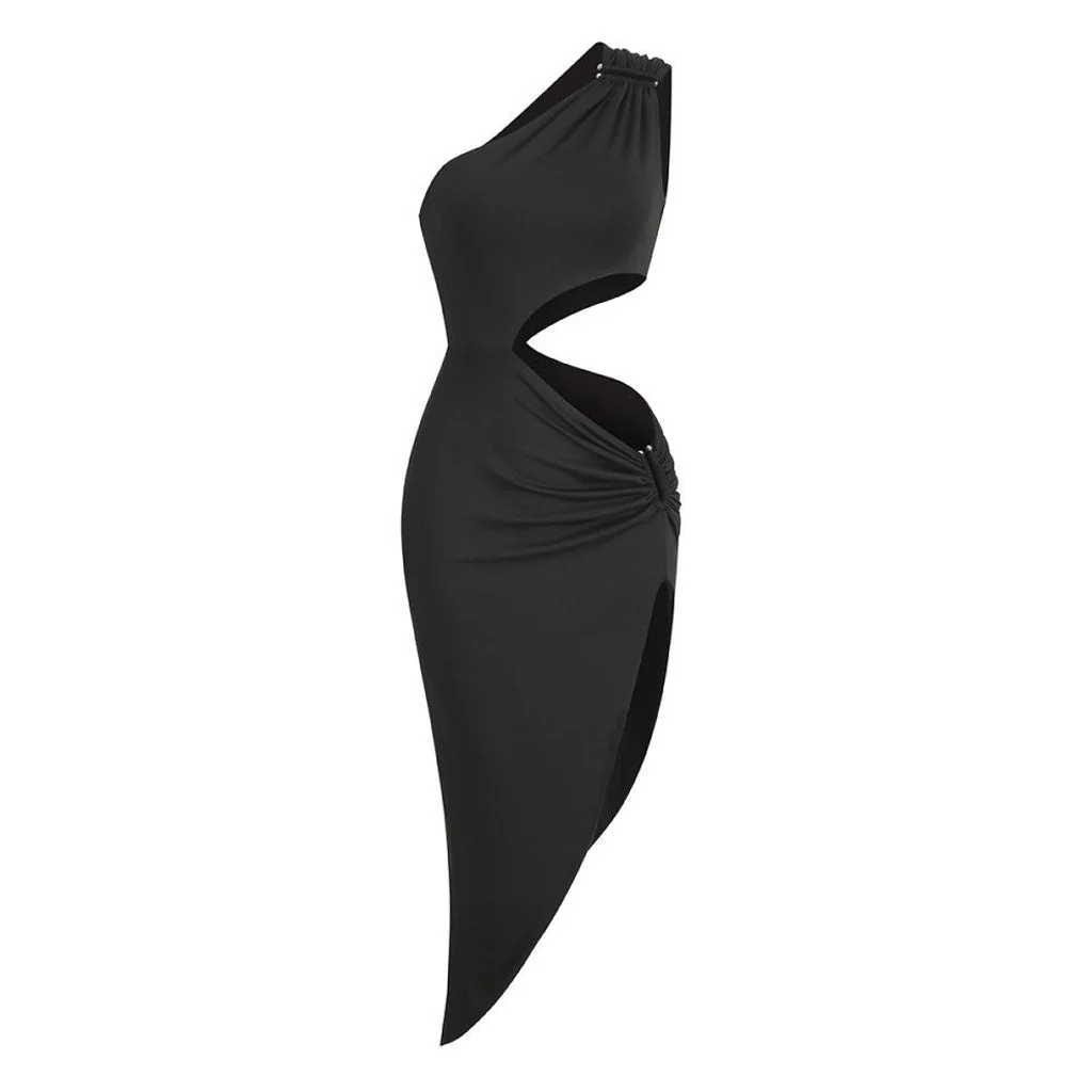 Asymmetric One Shoulder CutOut Metal Decor Ruched Slit High Midi Cocktail Dress - Image 2